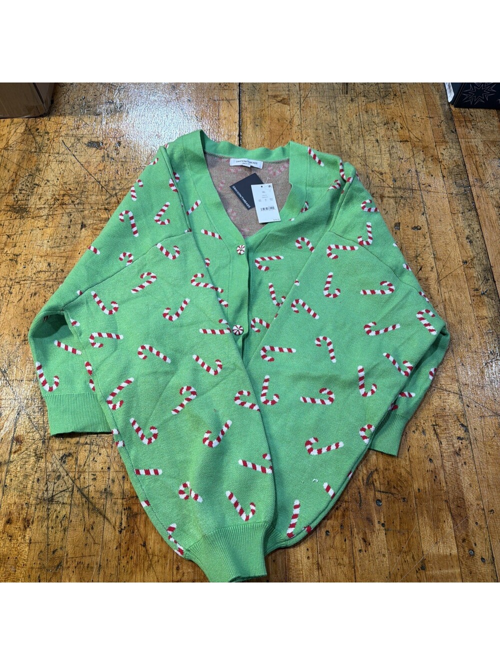 Grayson Threads Women’s Xl Cropped Green Candy Cane Cardigan Sweater V-Neck